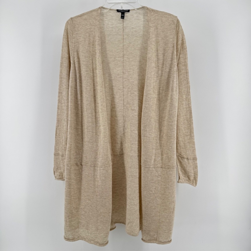 Eileen Fisher Cardigan Women PM Beige Merino Wool Alpaca Open Front Longline